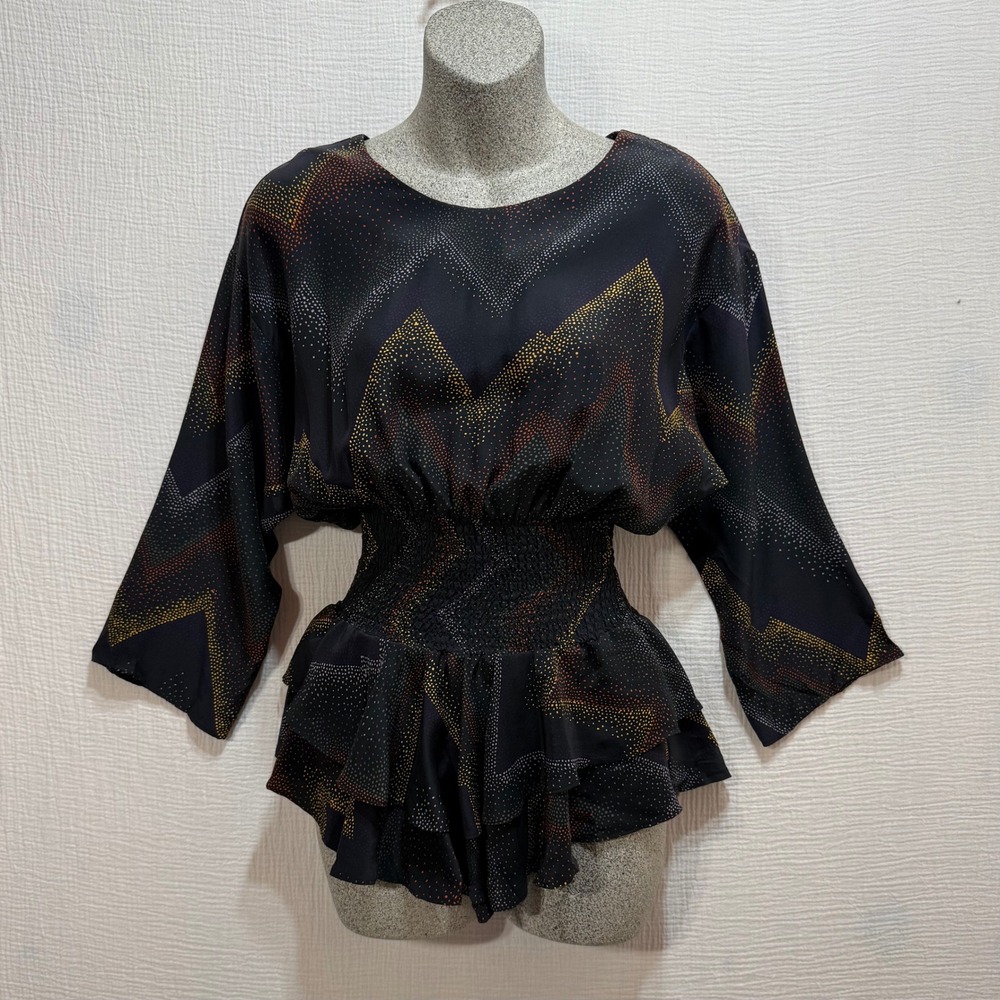 Parker Silk Peplum Top Womens Small Black Geometric Dot Smocked Waist